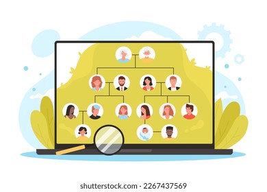 Family tree app, genealogy software vector illustration. Cartoon infographic template with laptop and magnifying glass, relatives, grandparents, parents and children connected with lines on screen