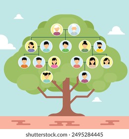 Family tree chart with human avatars of three generation. Grandparents, parents, children. Vector illustration