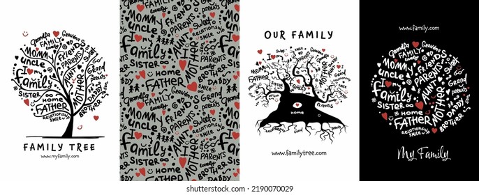 Family Tree Concept Art Collection. Frame, Background, Tree, Icons. Set For Your Design Project - Cards, Banners, Poster, Web, Print, Social Media, Promotional Materials. Vector Illustration