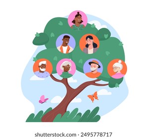 Family tree concept. Different generations of family members. Genealogy and history. Grandparents, parents and kids at scheme. Flat vector illustration isolated on white background