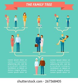 Family tree concept with people of different generations flat vector illustration