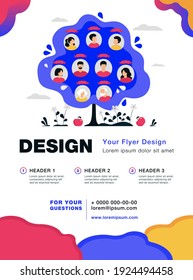 Family tree concept. Scheme of ancestry with three generations, relatives connection data. Flat vector illustration for heritage, genealogy, family history concept