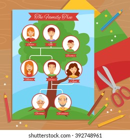 Family tree creative project with paper scissors pencils and relatives pictures arrangement flat poster abstract vector illustration 