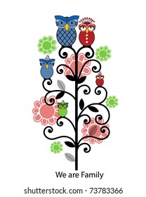 Family tree flowers and owls - crown on Mama owl