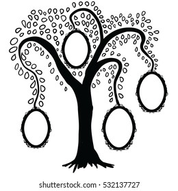 Family tree - frames empty for your input. Vector Illustration. Black and white. Oval frame