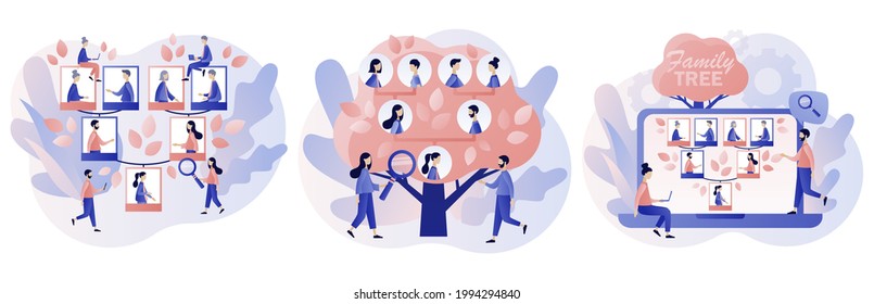 Family tree. Genealogy. Pedigree. Tiny people: grandparents, parents, children. Example of relatives connection data. Modern flat cartoon style. Vector illustration on white background