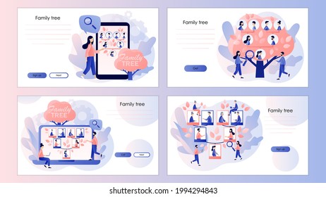 Family Tree. Genealogy. Pedigree. Tiny People: Grandparents, Parents, Children.  Screen Template For Landing Page, Template, Ui, Web, Mobile App, Poster, Banner, Flyer. Vector Illustration