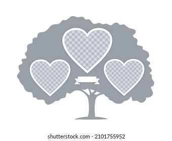 Family tree with heart frames. Vector gray silhouette on a white background. Holiday card, banner, poster Mockup. Insert your photo into template collage.