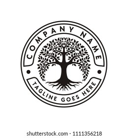 Family Tree Of Life Stamp Seal Emblem Oak Banyan Maple Logo Design Vector