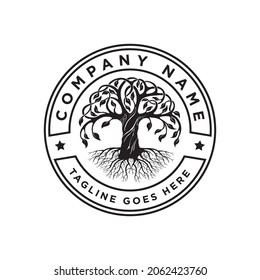 Family Tree of Life Stamp Seal Emblem Oak Banyan Maple logo design vector