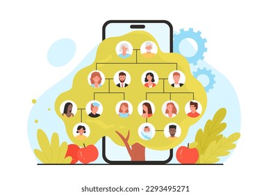 Family tree mobile app, genealogy template vector illustration. Cartoon apple green tree with branches and portraits of four generations of relatives in infographic history chart on phone screen