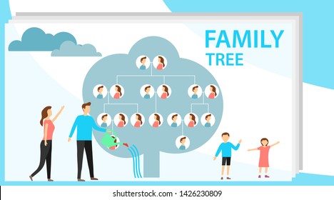 Family tree in modern flat illustration. A man is watering a family tree with photos of relatives, and a pregnant wife is standing nearby. Human genealogical heritage collection from one family.