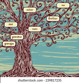 Family Tree - Old Oak Tree On A Blue Background. Concept Vector Illustration.