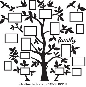 Family Tree Photo Frame Wall for Decoration with Leaves and Birds laser