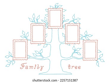 Family tree with photo frames. Freehand drawing. Doodle. Hand Drawn. Outline.	