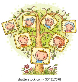 Family tree in pictures  little child and his parents   grandparents