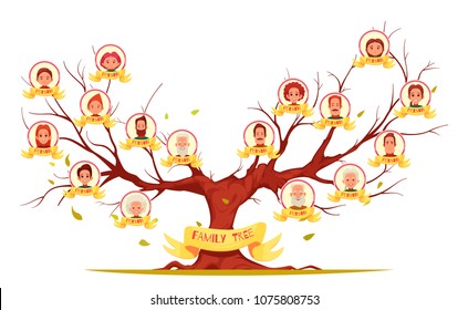 Family tree with pictures of relatives in round frames on bare branches horizontal cartoon vector illustration