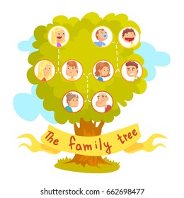 Family tree with portraits of relatives, genealogical tree vector Illustration