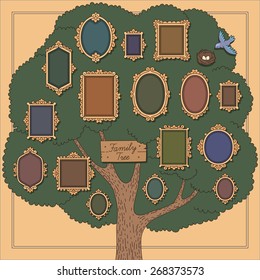 Family tree with several old-fashioned vignette frames on yellow background. Cartoon template  for your design