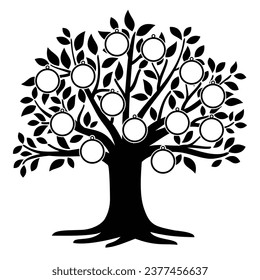 family tree silhouette. big family tree silhouette. black family tree isolated on white background. hand drawn design. vector illustration. Diagram showing generation family tree.