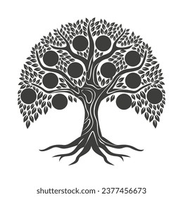 family tree silhouette. big family tree silhouette. black family tree isolated on white background. hand drawn design. vector illustration. Diagram showing generation family tree.
