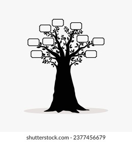 family tree silhouette. big family tree silhouette. black family tree isolated on white background. hand drawn design. vector illustration. Diagram showing generation family tree.