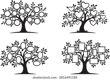 Family tree silhouette vector collection with circular, heart, oval and square photo frames for genealogy, ancestry, family history, scrapbook and memory album design