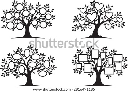 Family tree silhouette vector collection with circular, heart, oval and square photo frames for genealogy, ancestry, family history, scrapbook and memory album design