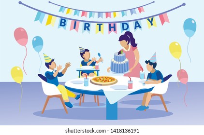 Family with Tree Sons Celebrating Birthday at Home Cartoon. Flat Mother Carrying Big Cream Cake for Boys Sitting around Table. Dessert after Pizza. Happy Children in Party Hats. Vector Illustration