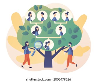 Family tree. Tiny people: grandparents, parents, children. Genealogy. Pedigree. Example of relatives connection data. Modern flat cartoon style. Vector illustration on white background