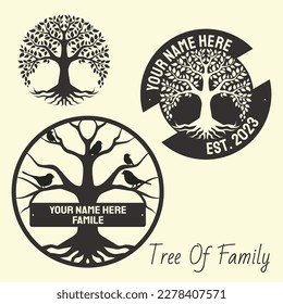 Family Tree Vector with Picture Frame, Wall Decals, Wall Decor, Flying Birds Silhouette on a tree