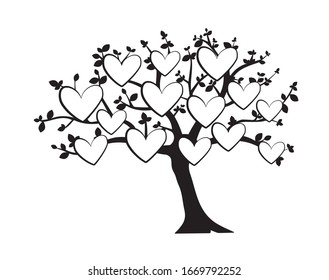 Family Tree Vector with Pictures Frame in shape of a heart, Wall Decals, Wall Decor, Flying Birds Silhouette on a tree, isolated on white background. Art Design