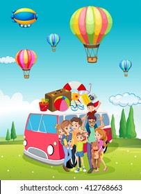 Family trip and balloons flying illustration