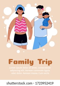 Family trip banner or poster with people cartoon sketch vector illustration.