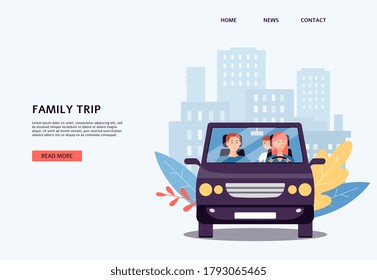 Family trip banner for travel agency or summer car camping with people cartoon characters riding automobile, flat vector illustration isolated on white background.