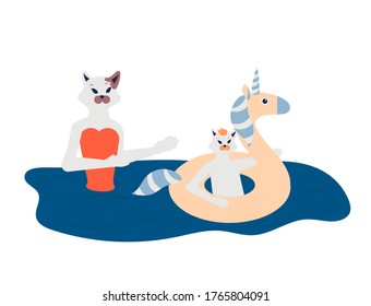 Family trip to the beach background. Modern illustration slider site page. Concept of a family holiday on the beach. Web banner family trip to the beach design. Family of cats on the sea vector.