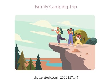 Family trip. Big family with children camping or hiking on a summer holidays. Mom dad and kids exploring nature through the mountains. Flat vector illustration