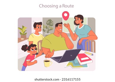 Family trip. Big family with children planning a vacation on a summer holidays. People choosing a trip route, mom dad and kids discussion. Flat vector illustration