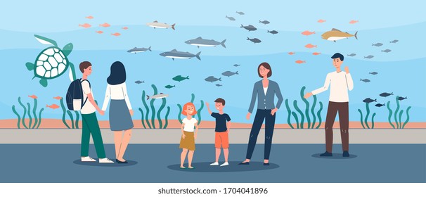 Family trip to big fish aquarium - cartoon couple with children looking at giant glass water tank in oceanarium and smiling. Flat vector illustration.