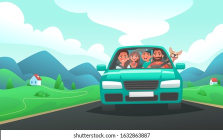 Family trip by car. Dad, mom, son and daughter ride a vehicle on vacation against the backdrop of a mountain landscape. Parents and children travel. Vector illustration in cartoon style