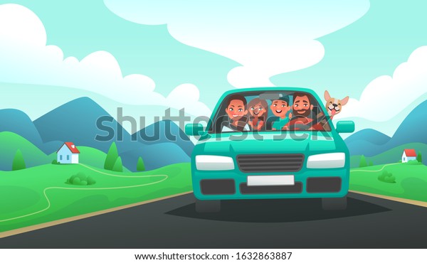Family trip\
by car. Dad, mom, son and daughter ride a vehicle on vacation\
against the backdrop of a mountain landscape. Parents and children\
travel. Vector illustration in cartoon\
style