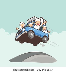 Family trip by car vector art illustration flat design isolated