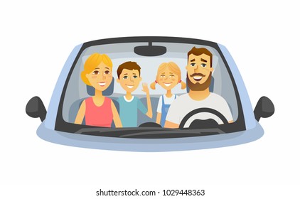 Family trip - cartoon people character isolated illustration on white background. An image of a young smiling parents with two cheerful children sitting in a car