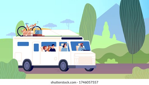 Family trip. Dad mother children road travel in camper. Nature adventures, travelling vacation. Travellers self tourism vector illustration