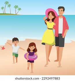 Family trip. family enjoying holiday at beach. playing kids at beach vector illustration.