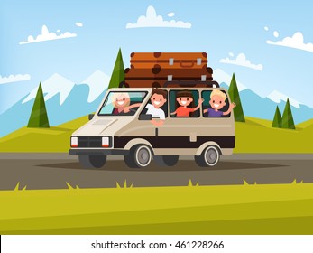 Family trip. Father, mother and children traveling by car on the background of a beautiful mountain landscape. Vector illustration of a flat design