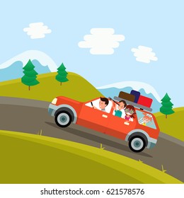 Family trip. Father, mother and children traveling by car on the background of a beautiful mountain landscape. Vector illustration of a flat design