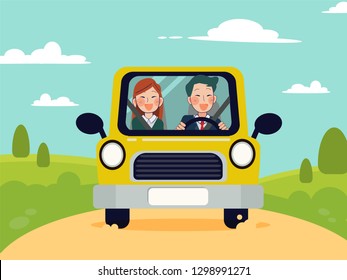 Family trip. Man and women by car on the background of a beautiful mountain landscape. Vector illustration of a flat design 