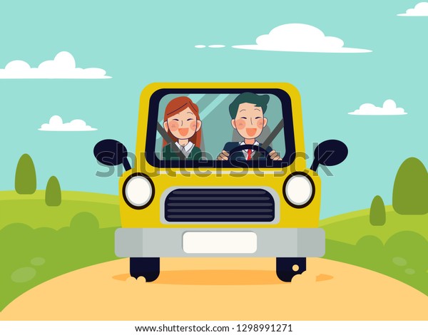 Family trip. Man and women by car on the background of a\
beautiful mountain landscape. Vector illustration of a flat design\
