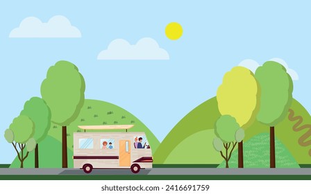 Family trip in a motorhome with children. Vector image of traveling in your area, towards adventures.